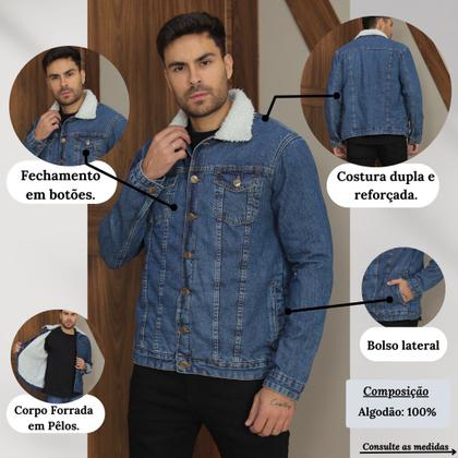 Imagem de Jaqueta Jeans Masculina Casaco Casual Liso Forrado Pelinho