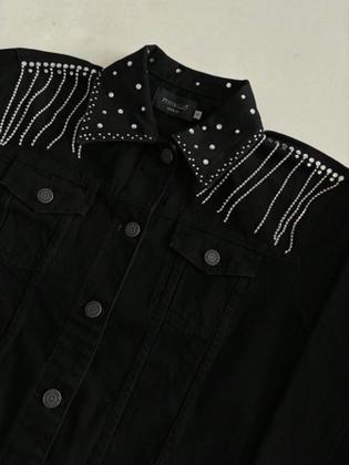 Imagem de Jaqueta Jeans Preta Feminina Maxxi Oversized Boiadeira Com Franjas De Strass E Brilho Denim Country Premium Tamanho:M