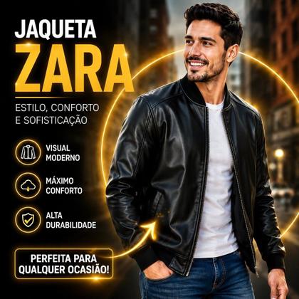Imagem de Jaqueta Masculina Couro E Ribana Tipo Zara Blusa Frio Motoqueiro Casual Elegante Com Ziper Premium
