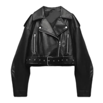 Imagem de Jaqueta Moto Feminina Oversized Vintage Em material sintético, Solta, Curta, Com Zíper, Estilo
