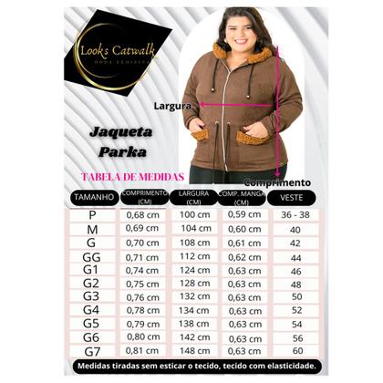 Imagem de Jaqueta Parka Feminina Com Capuz e Bolsos Suede Detalhes em Pelos Plus Size