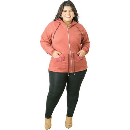 Imagem de Jaqueta Parka Feminina Com Capuz e Bolsos Suede Detalhes em Pelos Plus Size