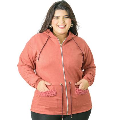 Imagem de Jaqueta Parka Feminina Com Capuz e Bolsos Suede Detalhes em Pelos Plus Size