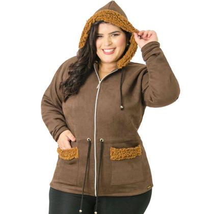 Imagem de Jaqueta Parka Feminina Com Capuz e Bolsos Suede Detalhes em Pelos Plus Size