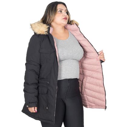 Imagem de Jaqueta Parka Feminina Dupla Face Nylon Plus Size Com Capuz 