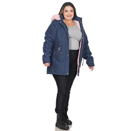 Imagem de Jaqueta Parka Feminina Sarja Plus Size Peluciada Capuz Bolso