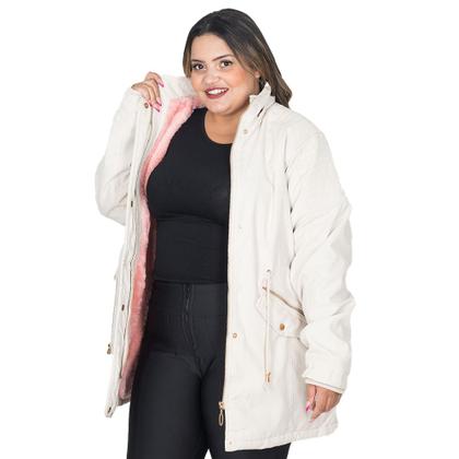 Imagem de Jaqueta Parka Feminina Sarja Plus Size Peluciada Capuz Bolso