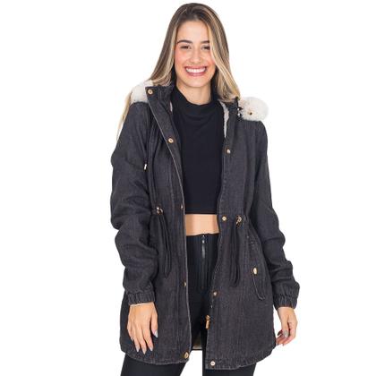 Imagem de Jaqueta Parka Jeans Feminina Peluciada Com Capuz Bolsos