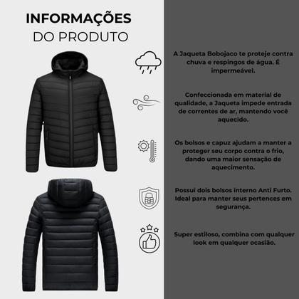 Imagem de Jaqueta Puffer Bobojaco Masculina Casaco Corta Vento Acolchoada Impermeável Bolsos Capuz Removível