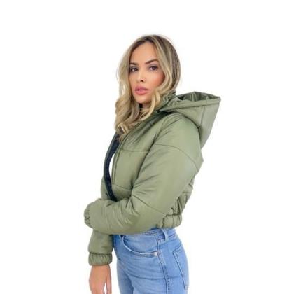 Imagem de Jaqueta Puffer Feminina Verde Militar Com Capuz Curta