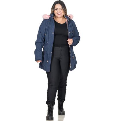 Imagem de Jaqueta Sarja Parka Feminina Plus Size Peluciada Capuz Lisa