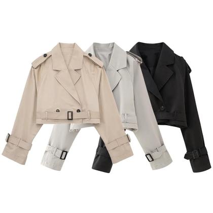 Imagem de Jaqueta Trench Vintage Feminina Cropped Com Cinto, Gola Entalhada, Manga Longa, Casaco Elegante Para