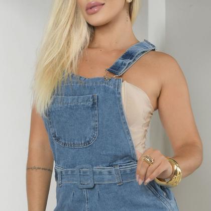 Imagem de Jardineira Macaquinho Short Jeans Feminino Alças Reguláveis