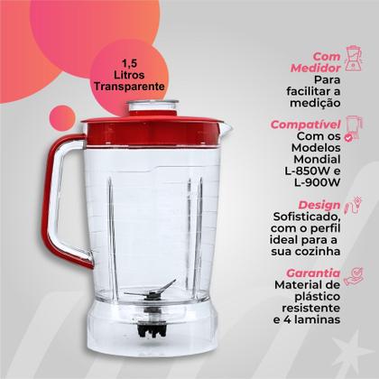 Imagem de Jarra Copo de Liquidificador Compatível Mondial L850 L900W Cristal Tampa Vermelha livre de BPA
