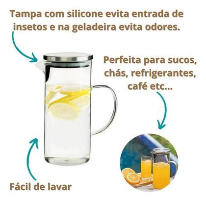 Imagem de Jarra De Suco Água Em Vidro Resistente Com Tampa Inox 1,3l