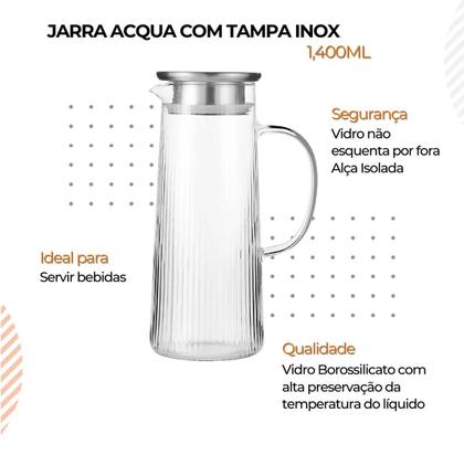 Imagem de Jarra De Vidro Acqua Com Tampa Inox 1,4l Suco, Água E Refrescos Lehavi