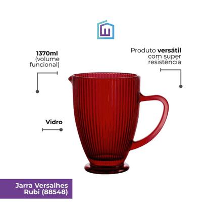 Imagem de Jarra de Vidro Canelada Versalhes Vermelho Rubi 1,3L Mesa Posta Água Suco Bebidas