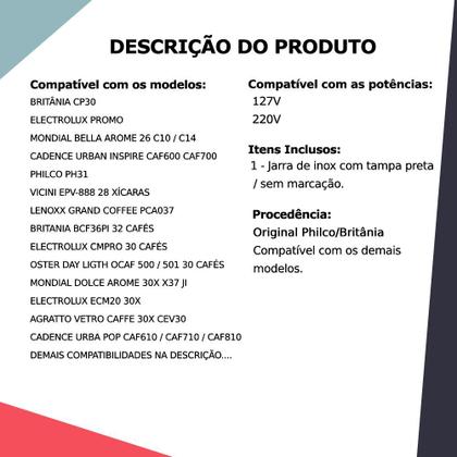 Imagem de Jarra Original Para Cafeteira Philco Retro Pcf38 Inox