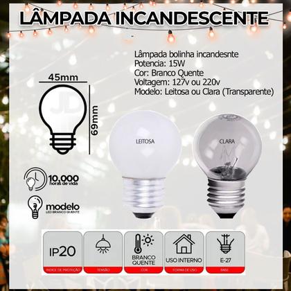 Imagem de JDK Varal Cordão De Luzes Gambiarra de 15 Metros Com Lampadas Leitosa 15w