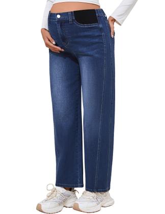 Imagem de Jeans de maternidade FABRACK Barrel, cintura elástica, jeans, azul escuro