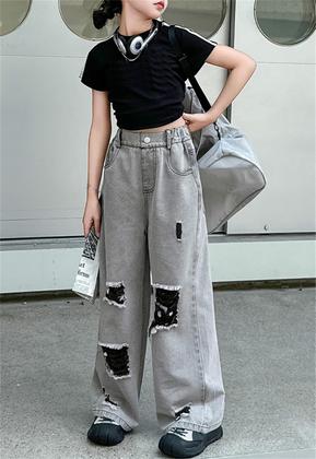 Imagem de Jeans de perna larga SANGTREE para meninas com cintura elástica de 11 a 12 anos