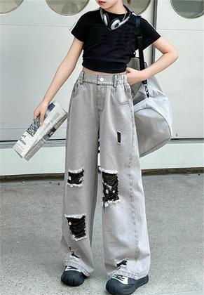 Imagem de Jeans de perna larga SANGTREE para meninas com cintura elástica de 11 a 12 anos