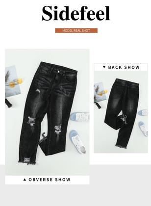 Imagem de Jeans Sidefeel Ripped Distressed para mulheres, pretos, tamanho 4