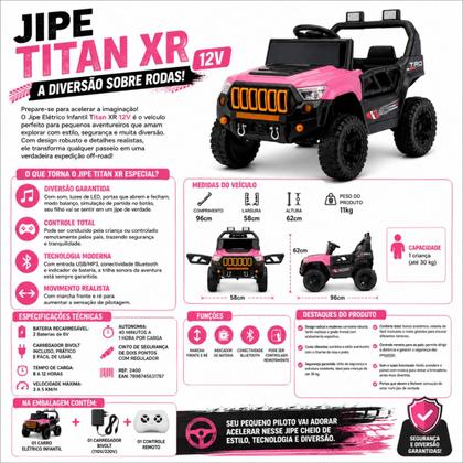 Imagem de Jipe Carro Carrinho Elétrico 12V com Controle Remoto Som e Luz Vermelho e Rosa