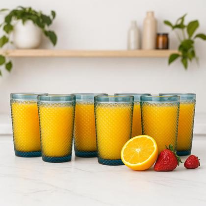 Imagem de Jogo 06 Copos de Vidro Azul Bico de Jaca Bebidas 355ml Mesa