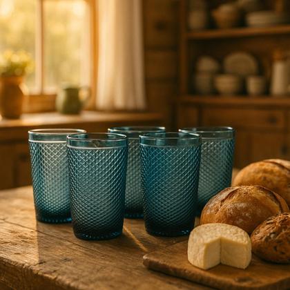 Imagem de Jogo 06 Copos de Vidro Azul Bico de Jaca Bebidas 355ml Mesa