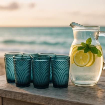 Imagem de Jogo 06 Copos de Vidro Azul Bico de Jaca Bebidas 355ml Mesa