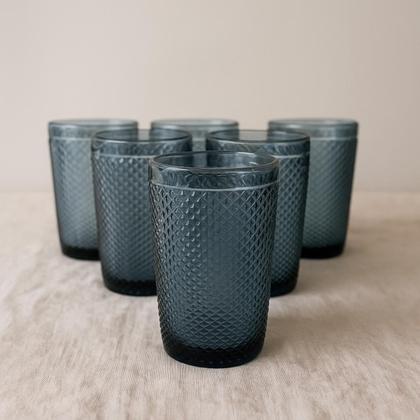 Imagem de Jogo 06 Copos de Vidro Azul Bico de Jaca Bebidas 355ml Mesa