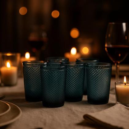 Imagem de Jogo 06 Copos de Vidro Azul Bico de Jaca Bebidas 355ml Mesa