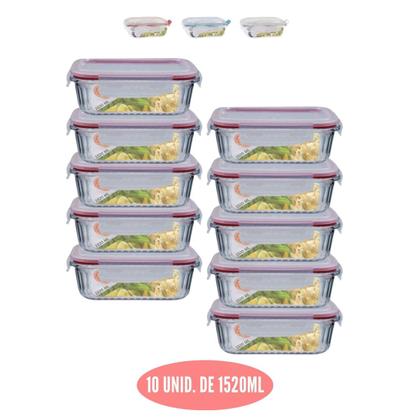 Imagem de Jogo 10 Potes Vidro Hermetico Retangular Canelado 1520ml
