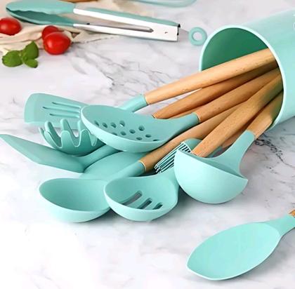 Imagem de Jogo 12 Peças Utensílios Cozinha Silicone Colher Espátula cabo bambu