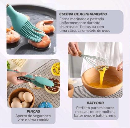 Imagem de Jogo 12 Peças Utensílios Cozinha Silicone Colher Espátula cabo bambu