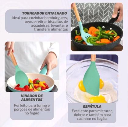 Imagem de Jogo 12 Peças Utensílios Cozinha Silicone Colher Espátula cabo bambu