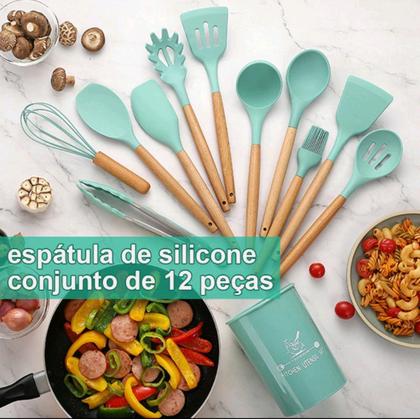 Imagem de Jogo 12 Peças Utensílios Cozinha Silicone Colher Espátula cabo bambu