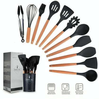Imagem de Jogo 12 Utensílios Cozinha Premium Silicone e Madeira