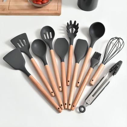 Imagem de Jogo 12 Utensílios Cozinha Silicone e Madeira Premium
