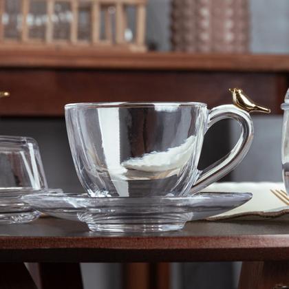 Imagem de Jogo 12 Xícara de Chá com Pires Golden Bird Pássaro 180ml Cristal Ecológico Wolff