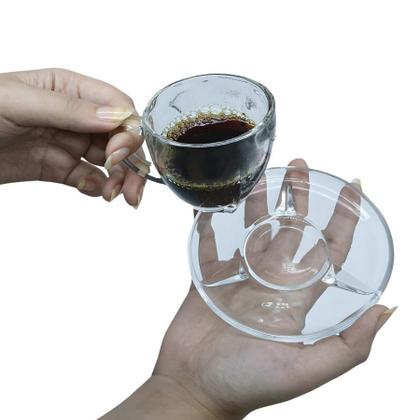 Imagem de Jogo 12 Xicaras Canecas de Vidro Transparente Café Chá Com Pires E Alça 110ml