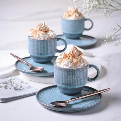 Imagem de Jogo 12 Xícaras de Chá Empilhável com Pires Azul 230ml Linhas Breeze Mesa Posta Café da Manhã Porto Brasil