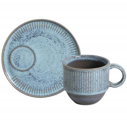 Imagem de Jogo 12 Xícaras de Chá Empilhável com Pires Azul 230ml Linhas Breeze Mesa Posta Café da Manhã Porto Brasil