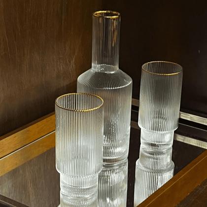 Imagem de Jogo 2 Copos Altos 400ml Cristal Canelado Suco Água Borda Dourada Fio De Ouro Lines Wolff