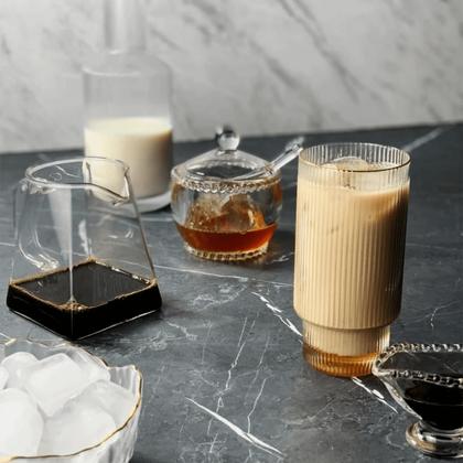 Imagem de Jogo 2 Copos Altos 400ml Cristal Canelado Suco Água Borda Dourada Fio De Ouro Lines Wolff