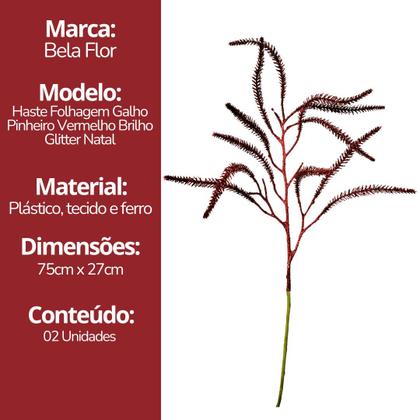 Imagem de Jogo 2 Galhos Decorativo Natal Pinheiro Glitter Vermelho Luxo 43cm - Bela Flor