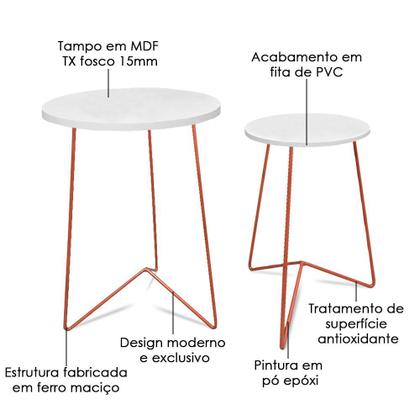 Imagem de Jogo 2 Mesas de Canto Lateral Athenas Tripé Redonda MDF - Cobre/Branco