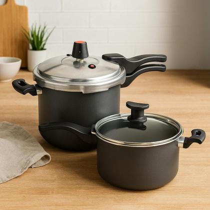 Imagem de Jogo 2 Panela De Pressão 4,5L E 3L Antiaderente Fechamento Externo Multiuso Caçarola Cor Grafite