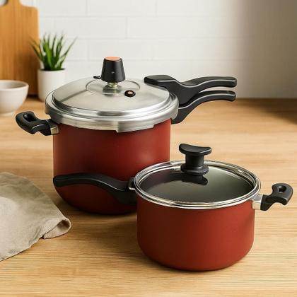 Imagem de Jogo 2 Panela De Pressão 4,5L E 3L Antiaderente Fechamento Externo Multiuso Caçarola Cor Vermelha